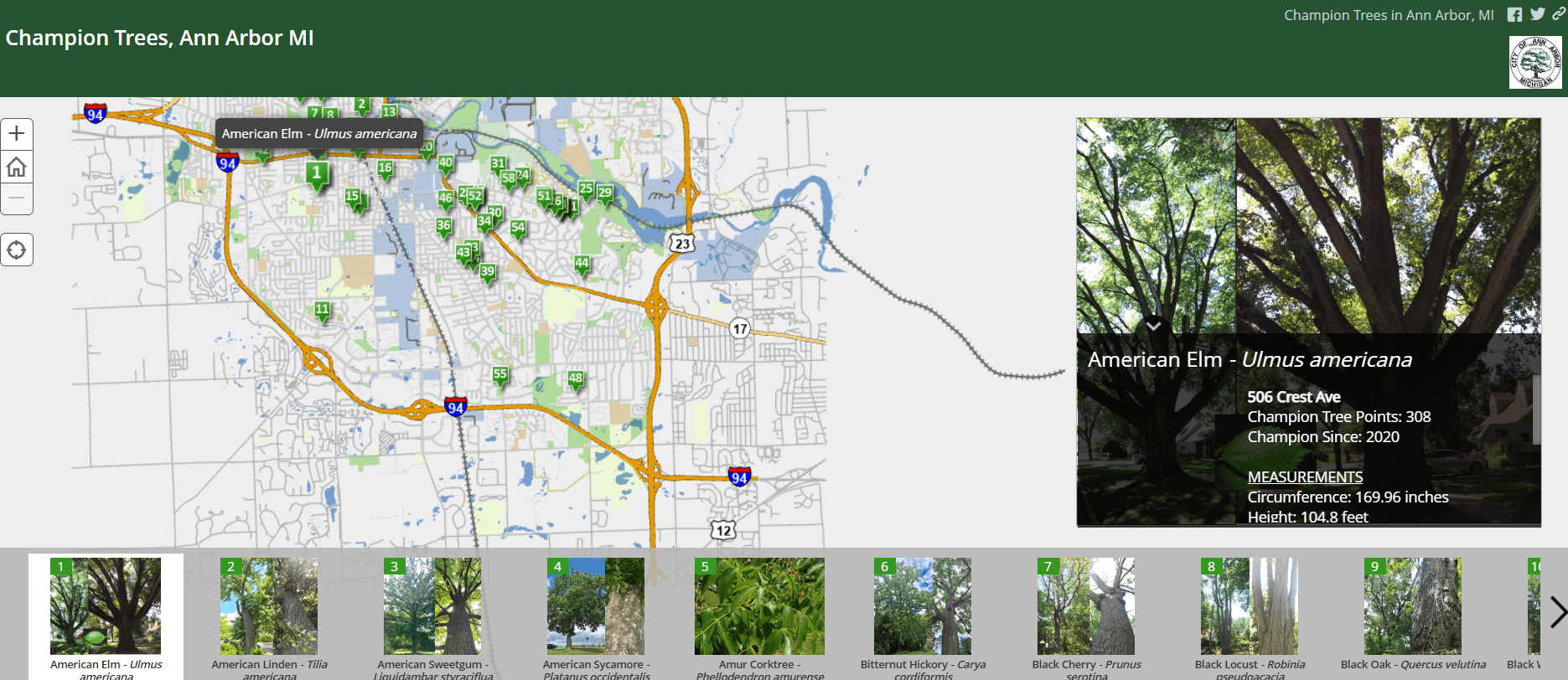 Champion Tree Tour Map Dashboard Preview